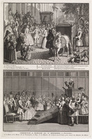 KG 12211
<br/>
Amsterdam: De Verloofden gaan naar de kerk & De hervormde huwelijksinzegening.
<br/>
<em>Picart, Bernard (1673-1733)</em>